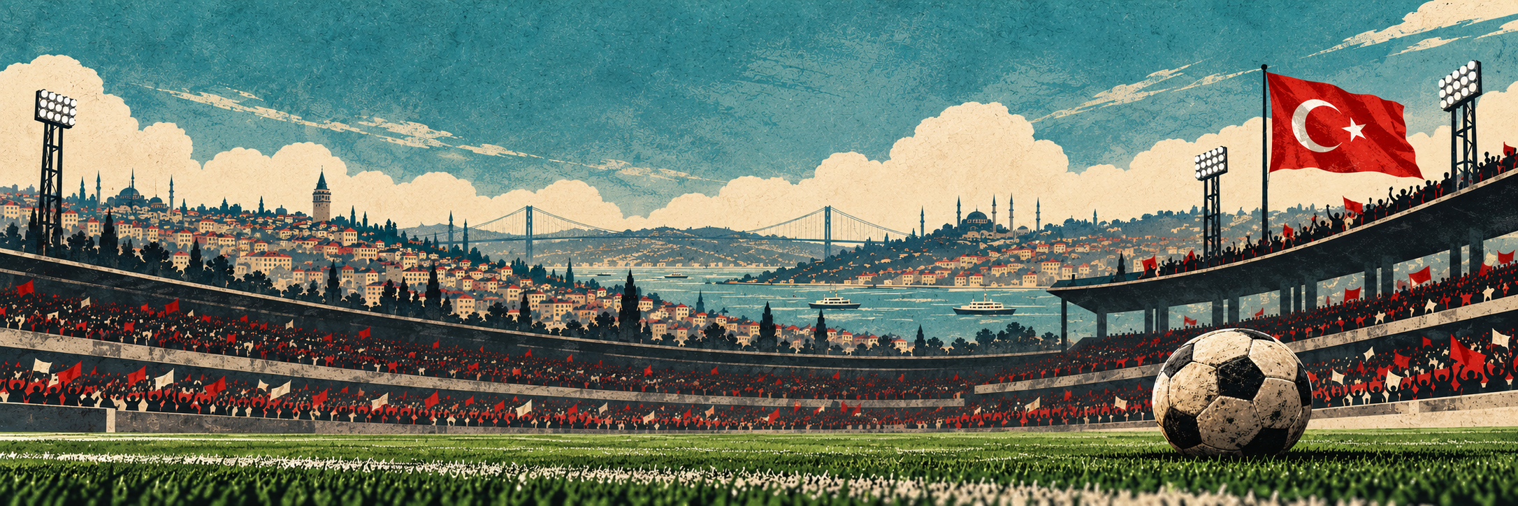 Tribünler, futbol topu ve Türk bayrağıyla Türk futbolu illüstrasyonu